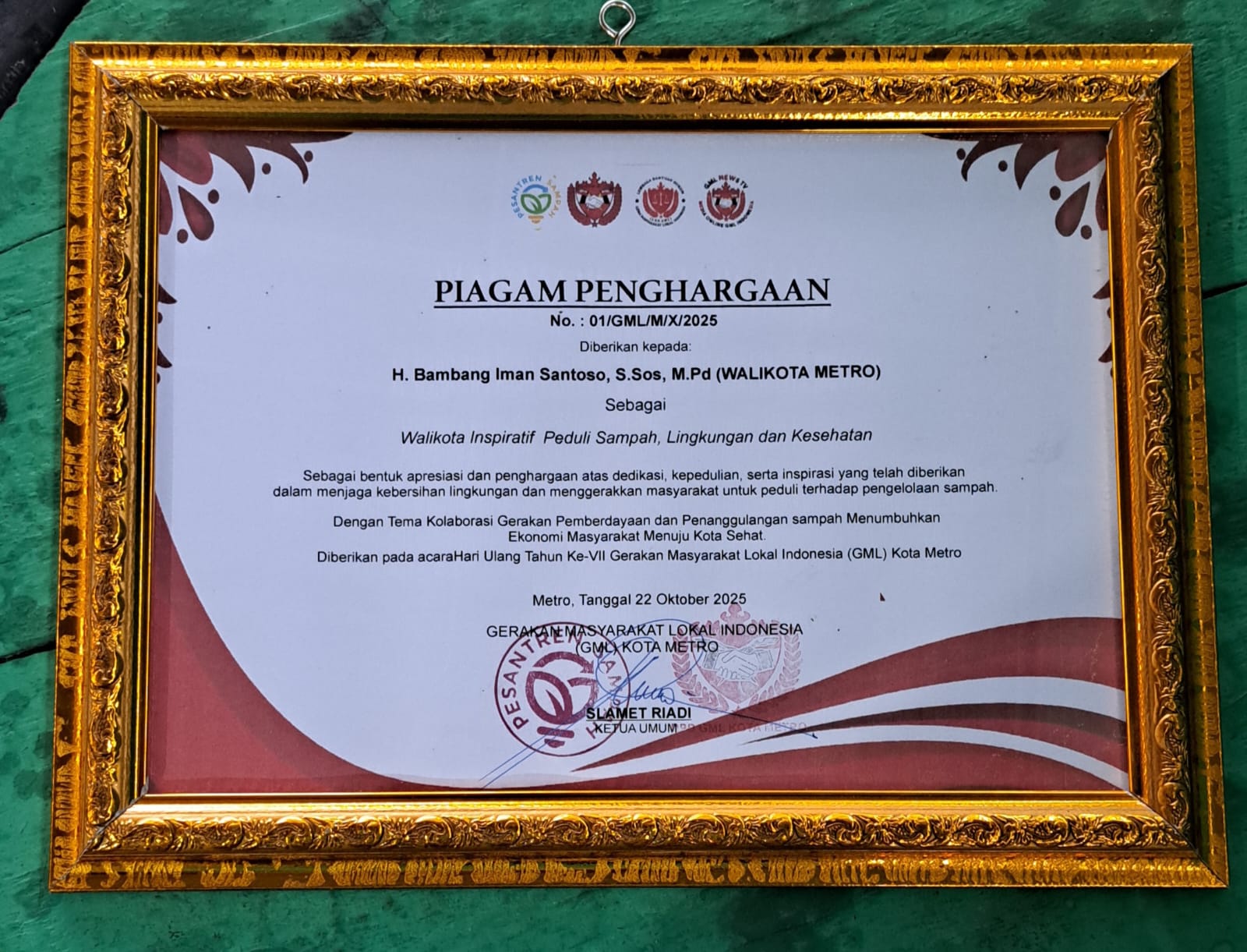 Bambang Rafieq Raih Penghargaan Walikota Wakil Walikota Inspiratif Peduli Sampah Lingkungan dari GML Indonesia img 20251023 wa0016